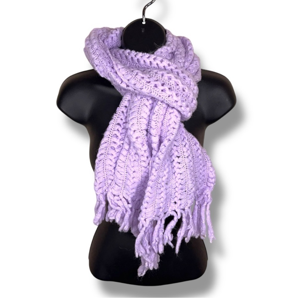 Lavender Purple Crocheted Scarf Cottage Pastel Fringe Cozy Handmade